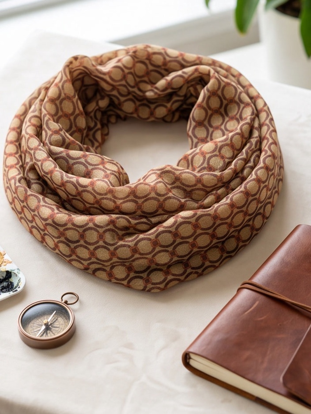 Geometric Print Silky-Feel Infinity Scarf Brown & Tan Great Autumn Accessory